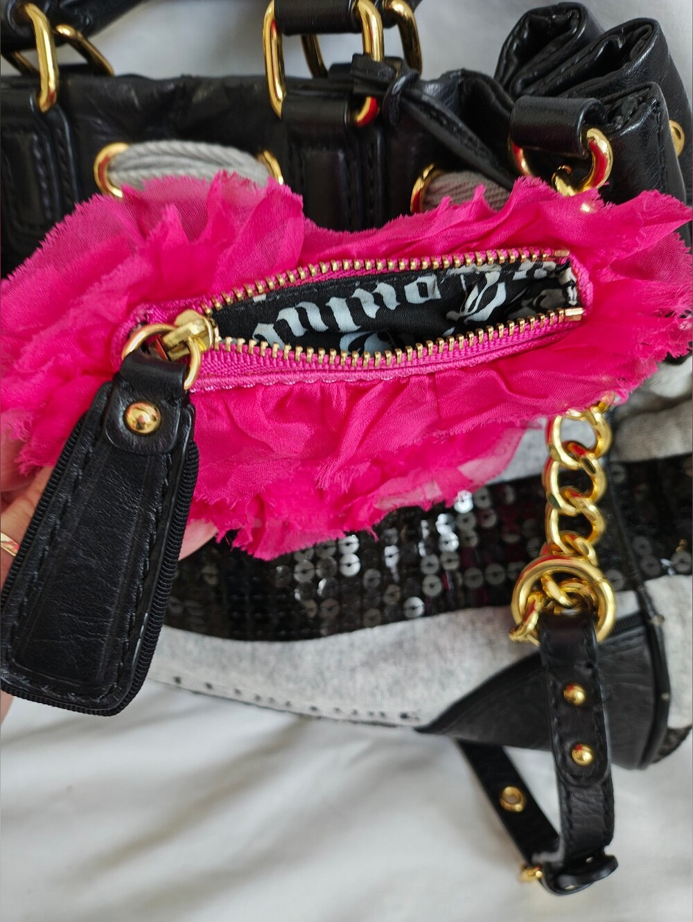 Vintage Juicy Couture Black & Grey Velour, Leather & Sequin Daydreamer Handbag - Picture 5 of 14
